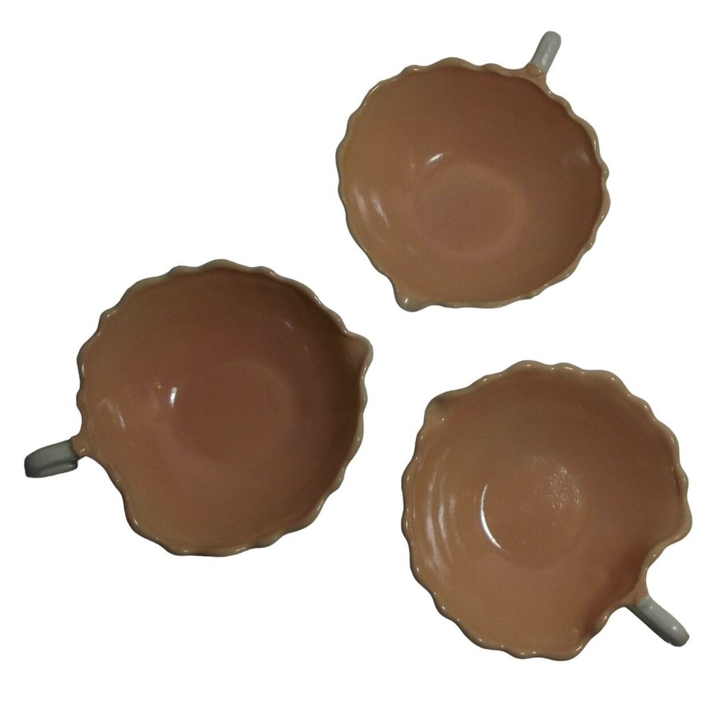 Vtg Lot of 3 Anchor Hocking White Peach Handled Candy Dish nappy leaf cup bowl